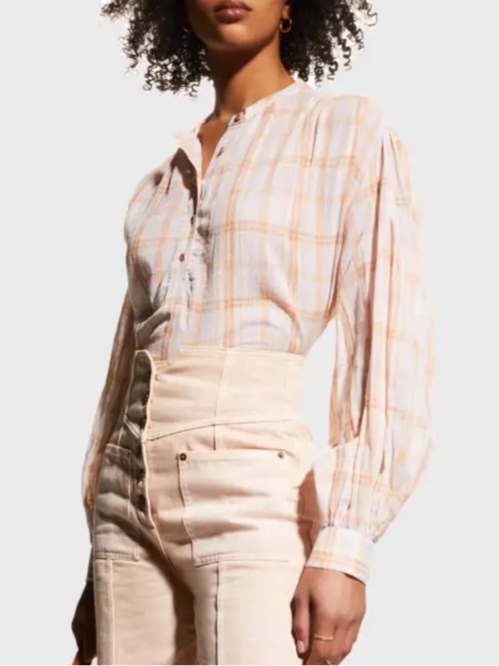 Ulla Johnson Nour Blouse Plaid Button-Down Pink Orange Cotton Size 2